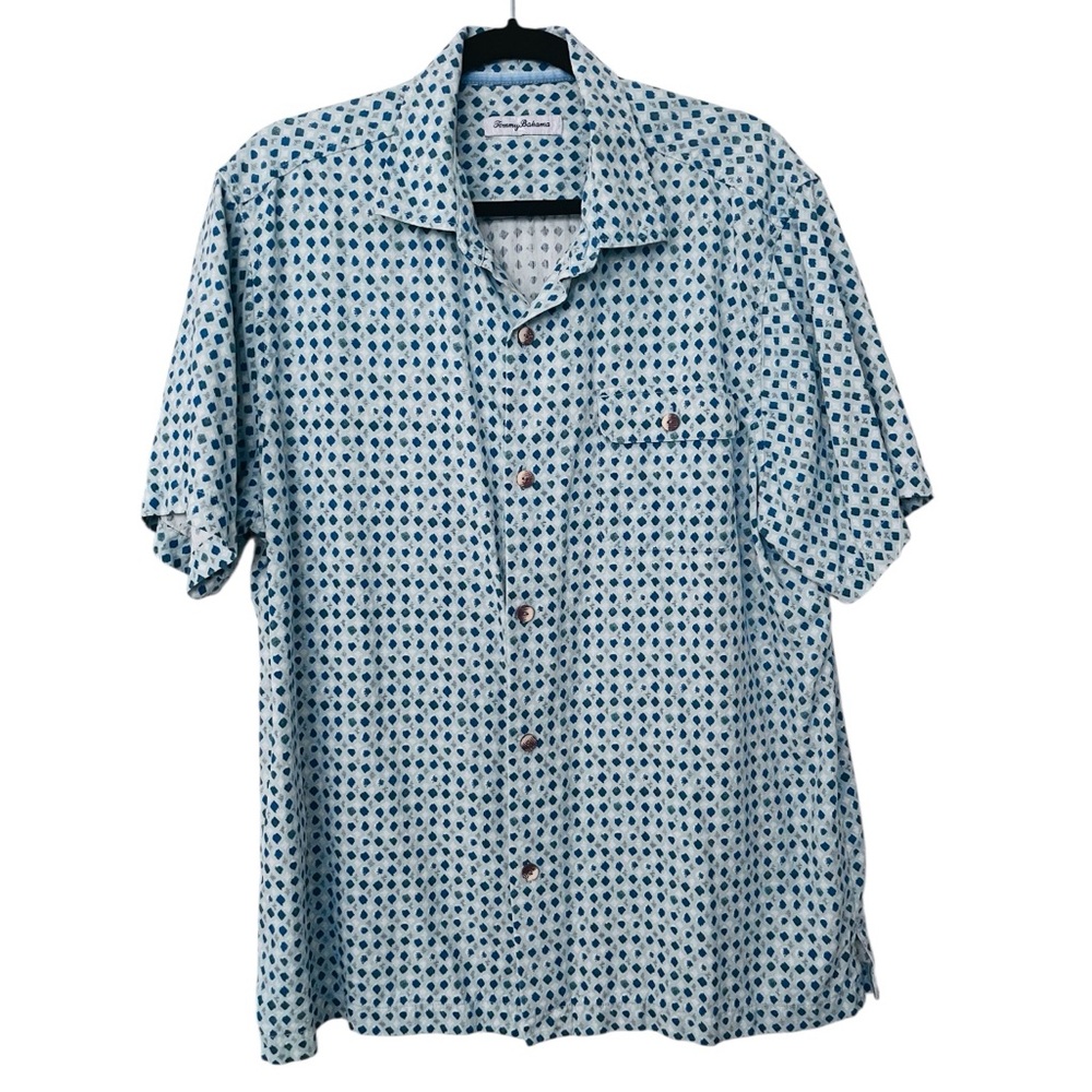 Tommy Bahama 100% Silk Short Sleeve Casual Button Shirt L Blue